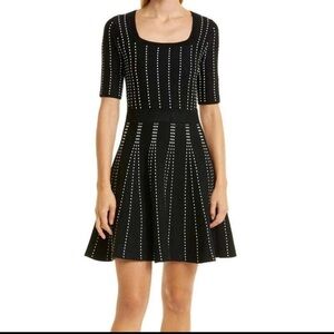 Club Monaco Black Knit Fit & Flare Mini Dress White Stripe Short Sleeve S